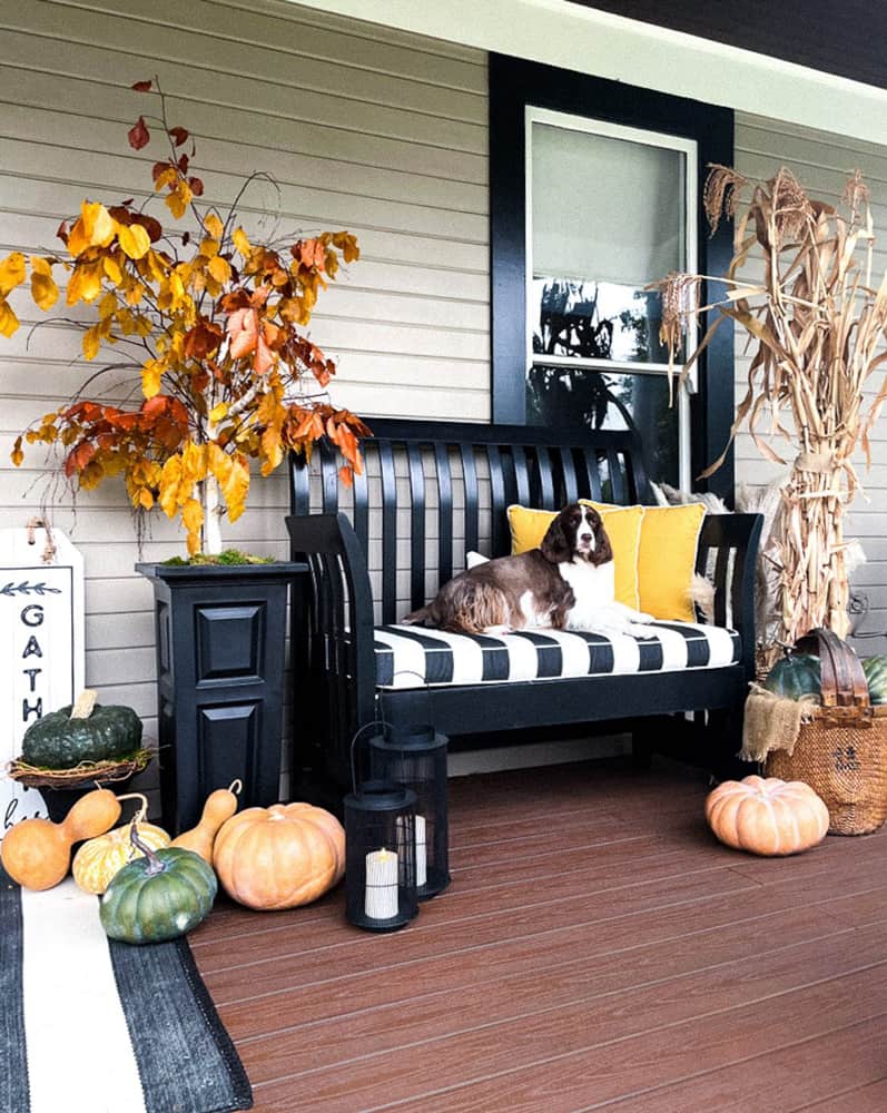 DIY ideas for decorating a porch for fall.  cozy bench with dog.  