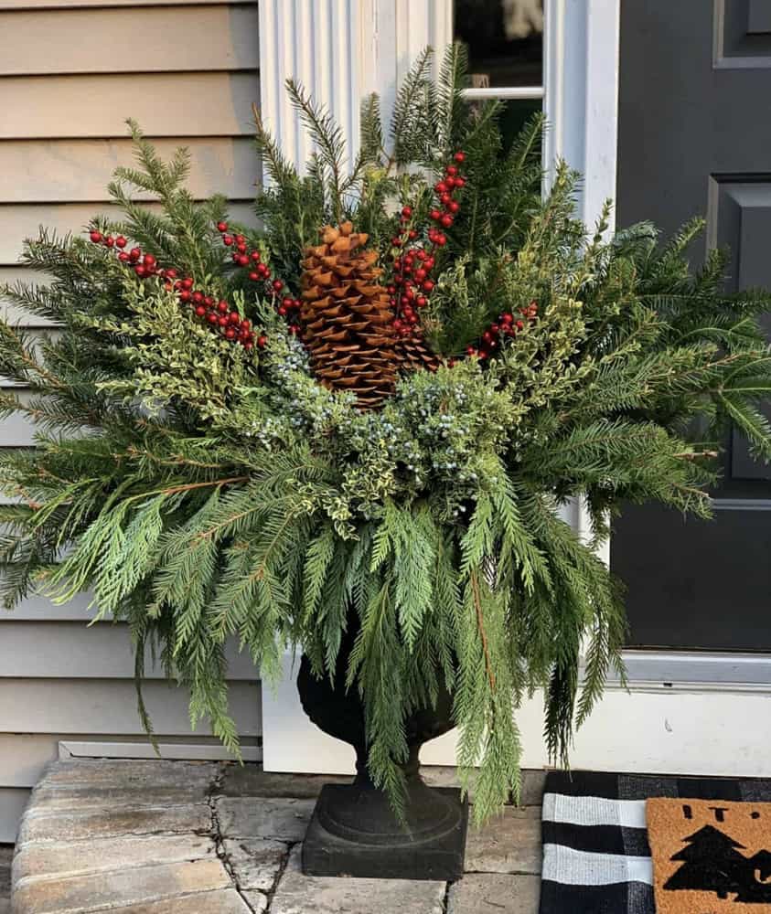 Use greenery to decorate the front porch planters for Christmas