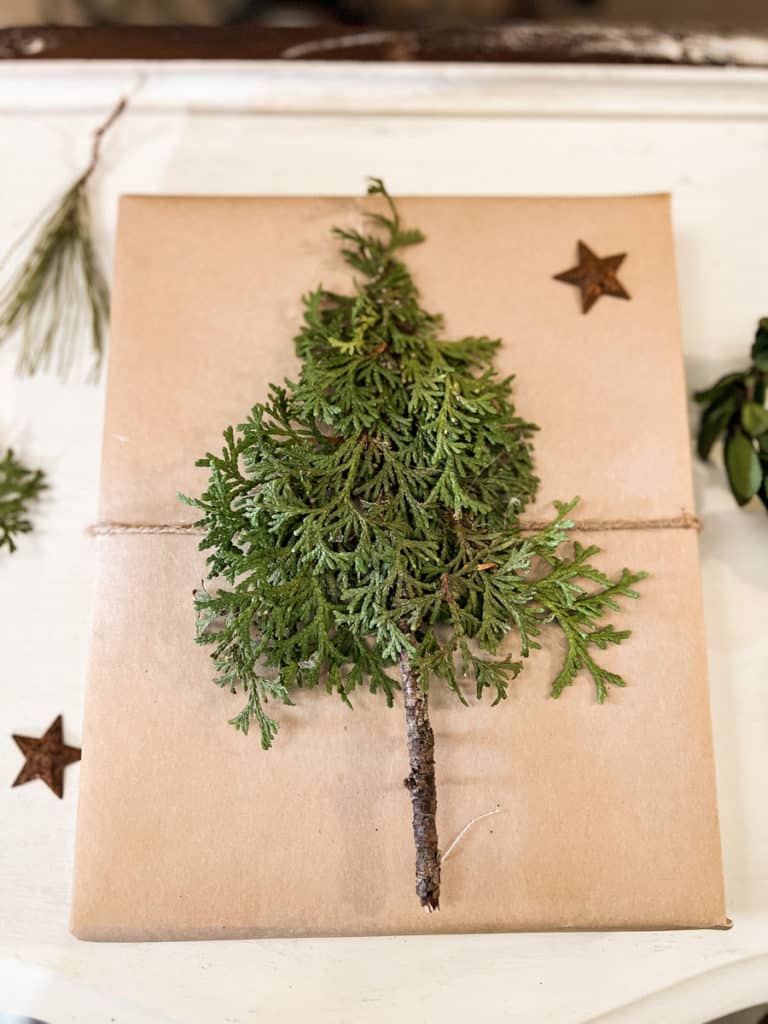 DIY Cedar Greenery for Christmas Craft Project for gift package toppers.