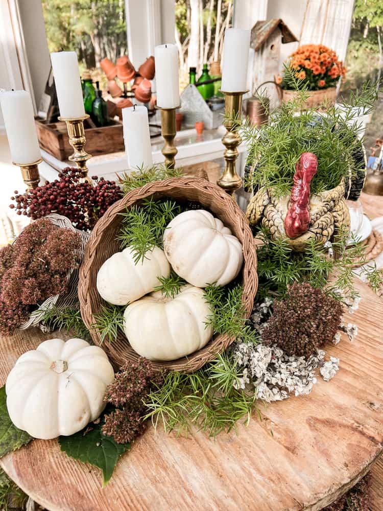 Brass Candles, Cornucopias and vintage turkey vase on antique French Cheese Board for Centerpiece