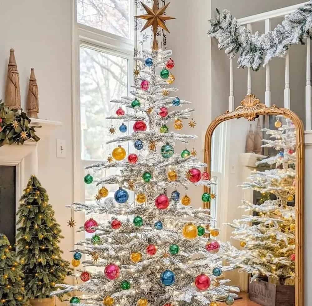 Mid Century Silver Metallic Christmas Tree with Vintage Ornaments.