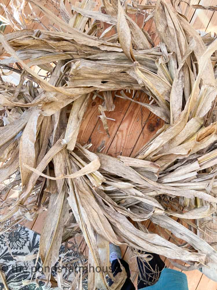 Finished Corn Stalk Wreath made from grapevine wreath and corn husks for farmhouse fall decorating.