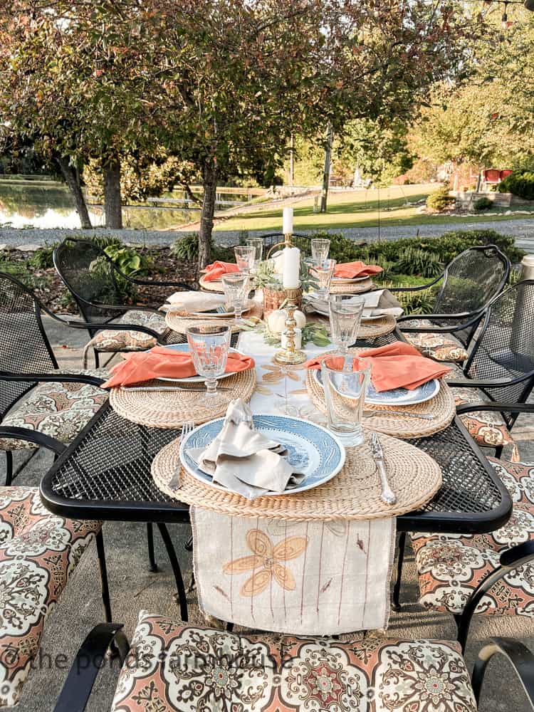 3 bistro tables combine for the outdoor entertaining table for a Fall Dinner Party