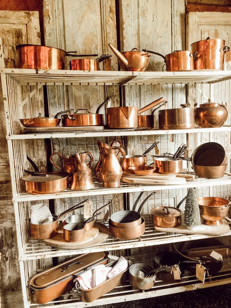 Copper Pots and Pans from France are in abundance at the Barn SAle