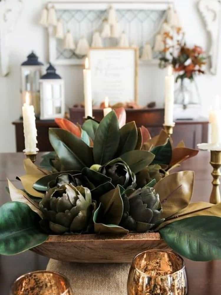 Magnolia and Artichoke Centerpiece for Friendsgiving or Thanksgiving Table Centerpiece.