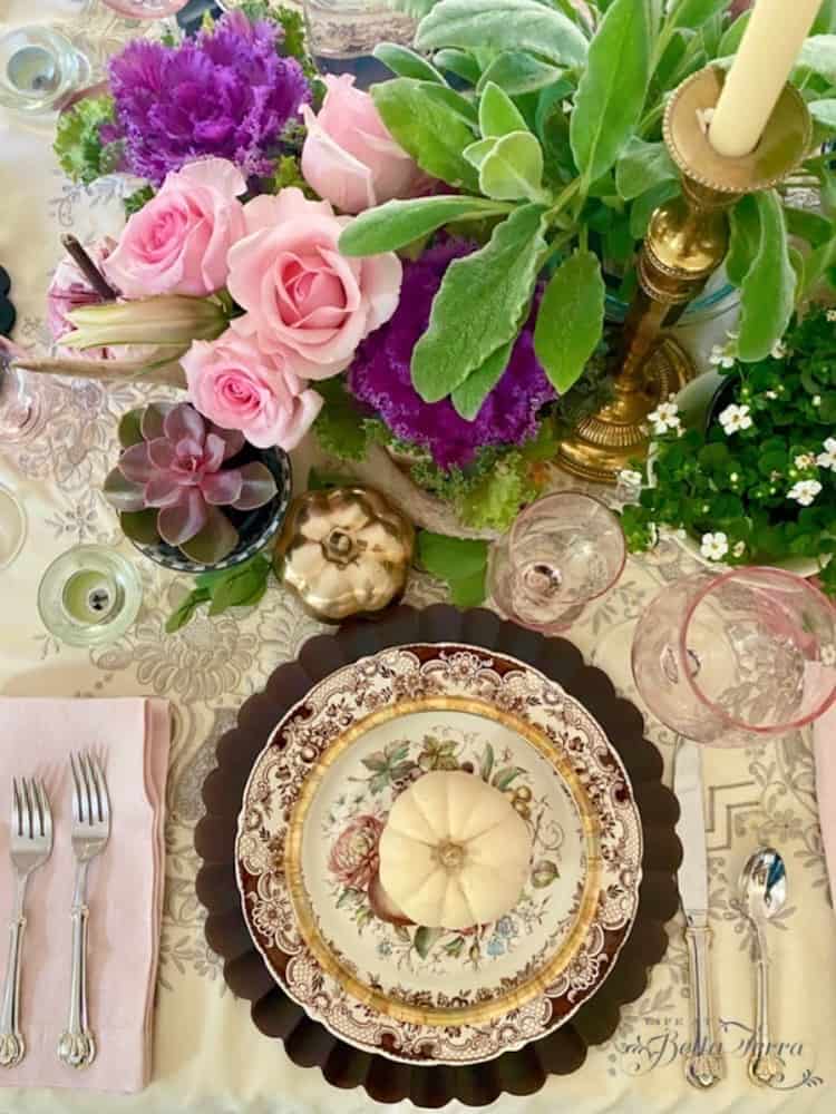 Pink and vintage dishes for a unique Thanksgiving Table Setting.