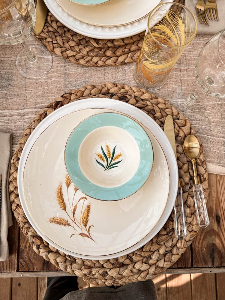 Wheat Plate Place Setting for Friendsgiving Brunch Table Setting with vintage wheat glasses.