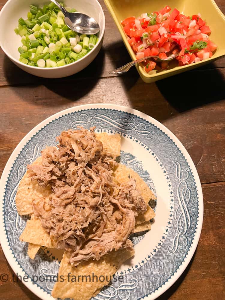 Tortilla Chips and Pulled Pork on blue plate for nacho party with pica de gallo and green onions.
