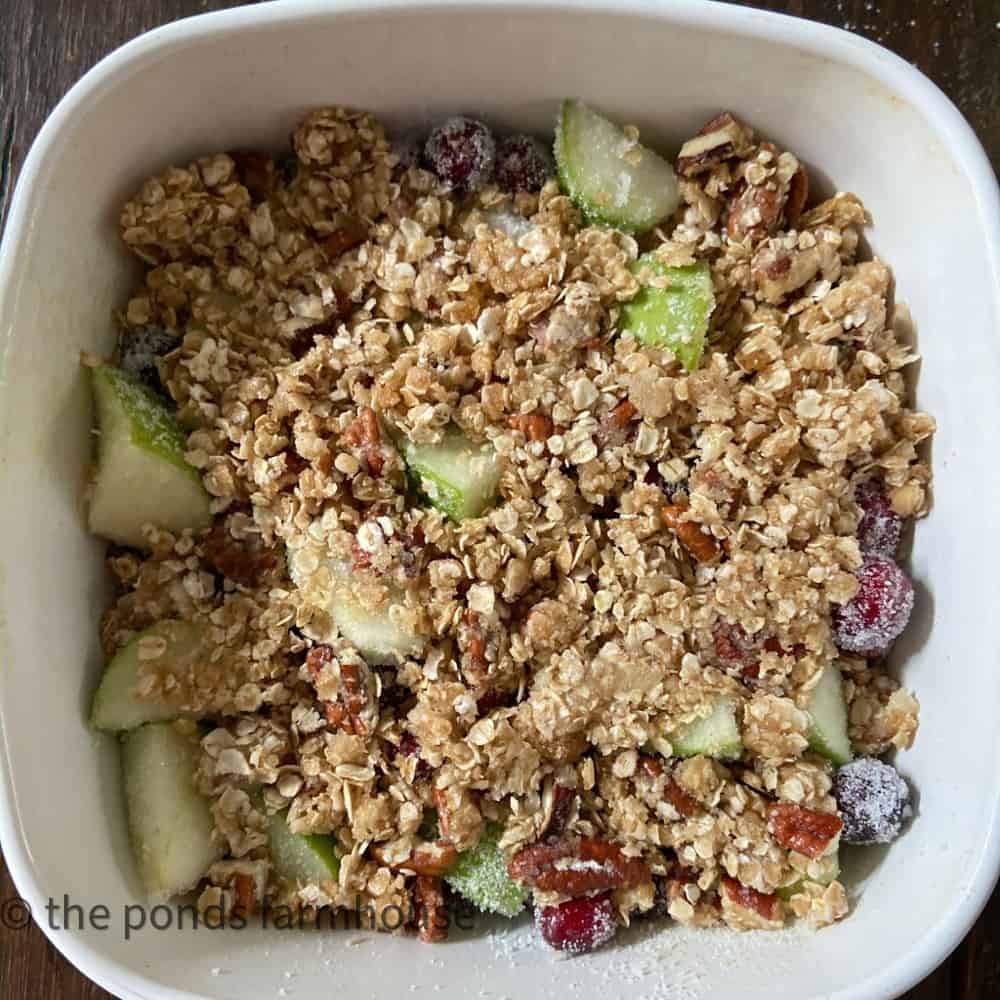 Fresh Cranberries, Chopped Apples and Oatmeal are the main ingredients in Apple Cranberry Bake