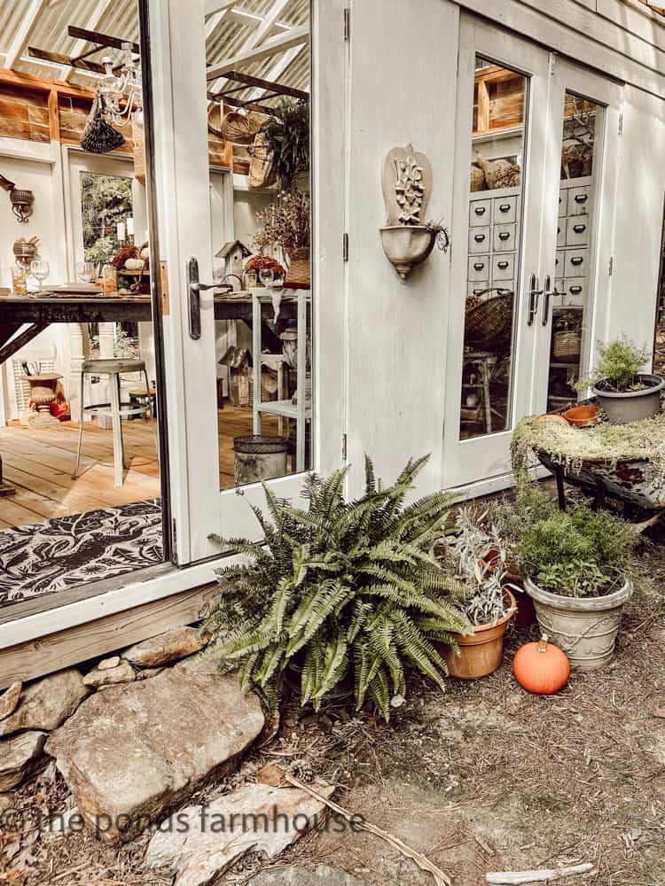 DIY Greenhouse decorated for fall french doors open for inviting lady's brunch for Friendsgiving.