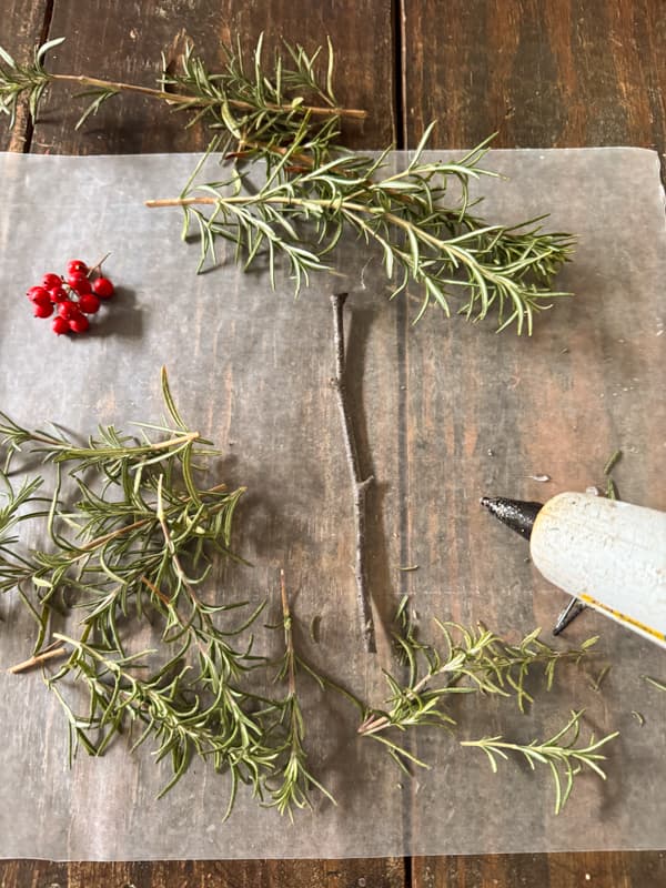 Supplies for Rosemary Christmas tree package topper