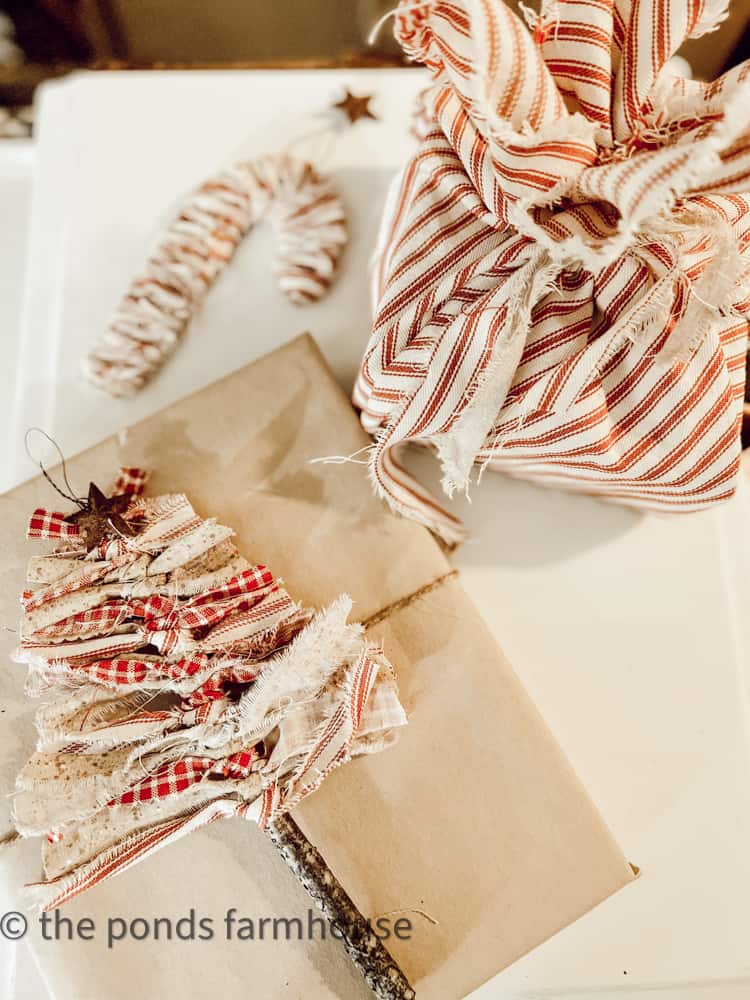 Use Scrap Fabrics to make Christmas Tree Ornaments that can be used for Gift Wrapping Toppers.  Sustainable Decorating.