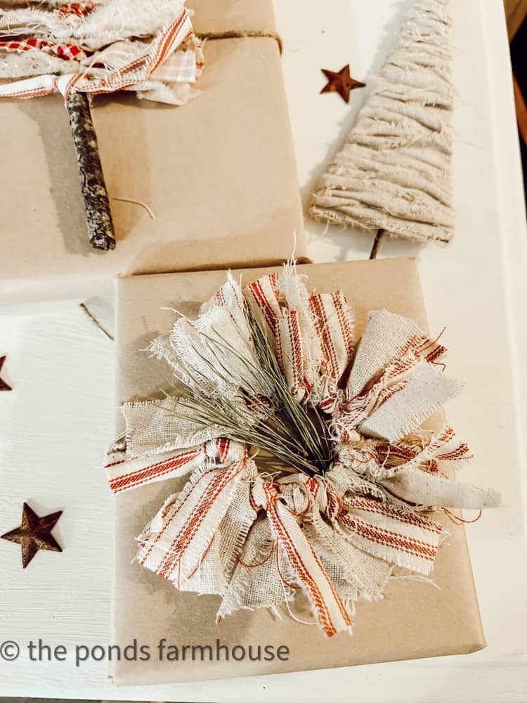 Make Sustainable Package Toppers and Christmas Tree ornaments from scrap fabrics for Ticking Fabric Decor.
