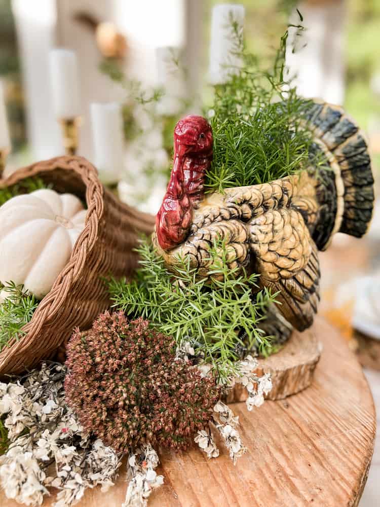 Vintage Majolica Turkey for Friendsgiving Table Centerpiece filled with fresh herbs. 