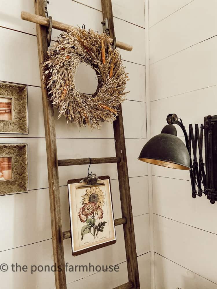 DIY Wooden Ladder with fall wreath. Rustic diy ladder.