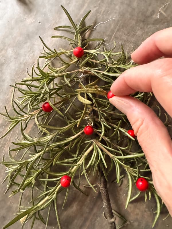 add nandania berries to rosemary stems