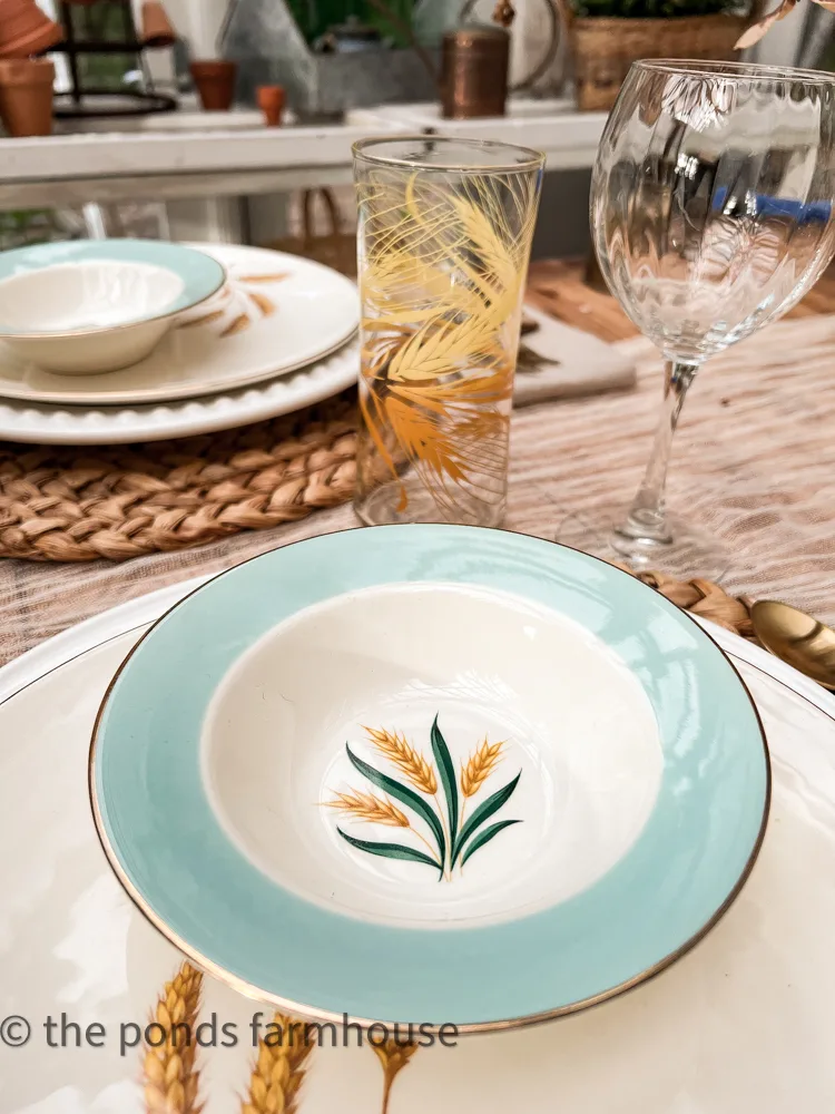 Aqua & Wheat Plate Place Setting for Friendsgiving Brunch Table Setting with vintage wheat glasses.