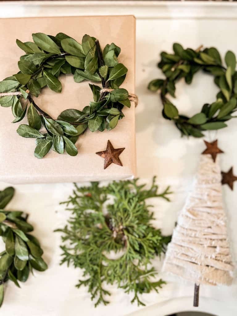 Fresh Greenery Gift Package Toppers and Christmas Ornaments for inexpensive and sustainable decorating.