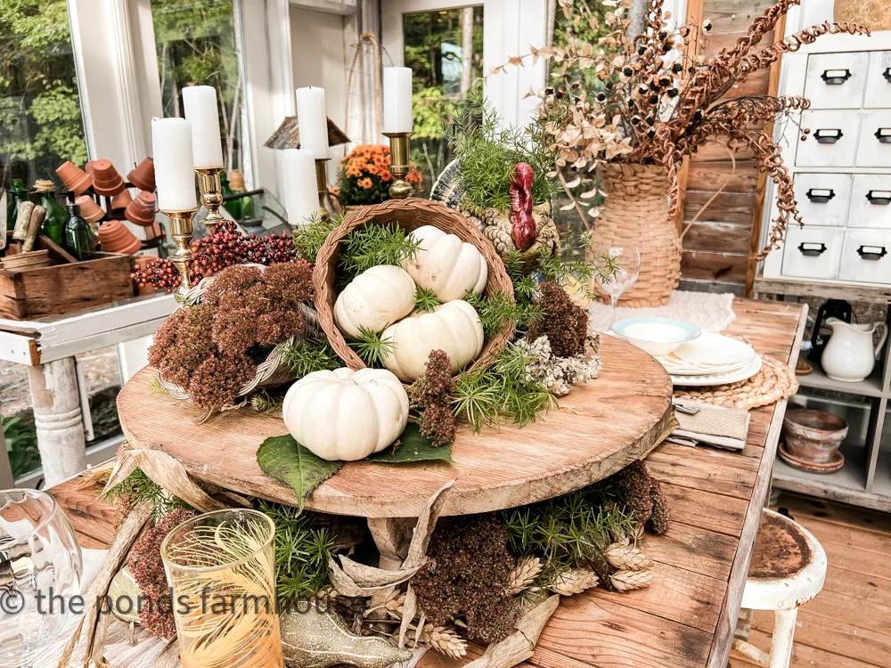 Centerpiece on Friendsgiving Table in Greenhouse.  Antique French Cheese Board with cornucopia and pumpkins