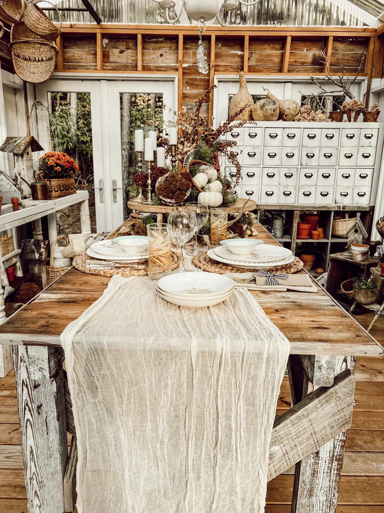 Friendsgiving Brunch Table with Cheesecloth table runner in Greenhouse She Shed 