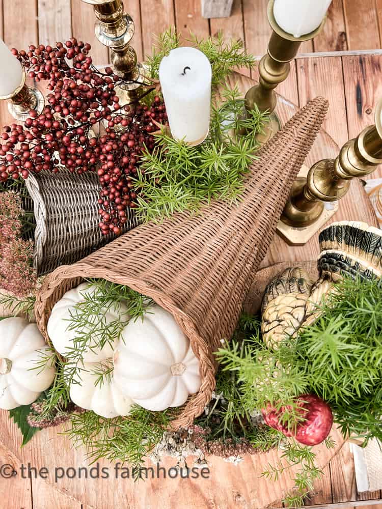 Vintage Majolica Turkey for Friendsgiving Table Centerpiece and two cornucopias filled with pumpkins