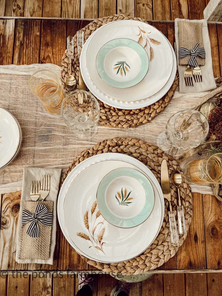 Wheat Plate Place Setting for Friendsgiving Brunch Table Setting with vintage wheat glasses.