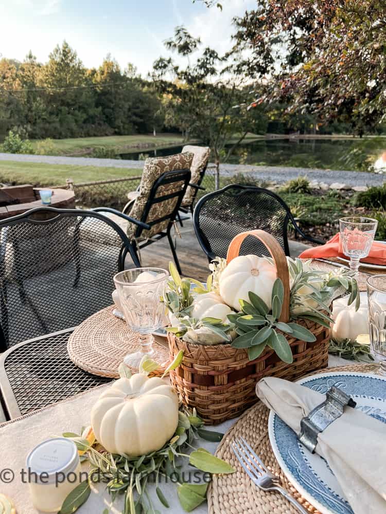 White Pumpkins and Blue Vintage Dishes set on the dinner table by the outdoor fire pit.