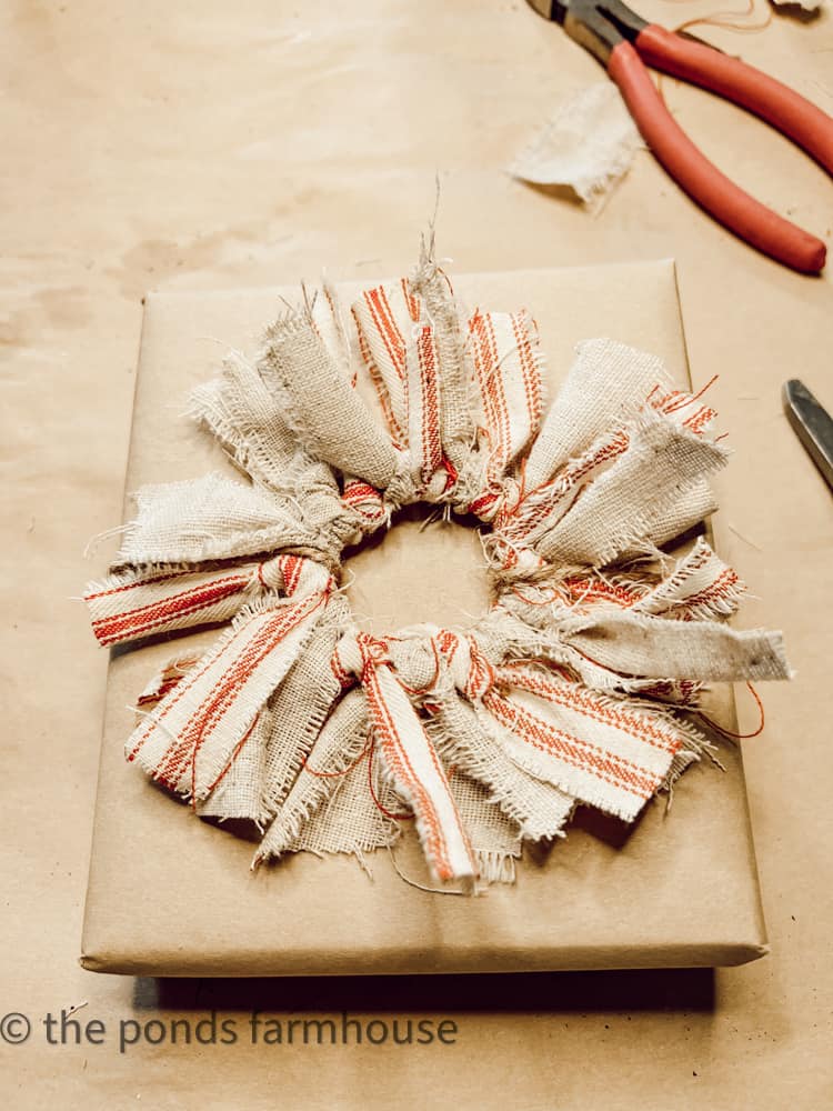 Fabric Wreath Package Topper is eco-friendly wrapping idea for Christmas Packages.