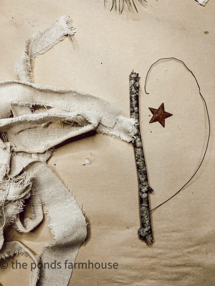 Scrap Fabric, Twig and Metal Star for Sustainable Gift Wrapping DIY Project