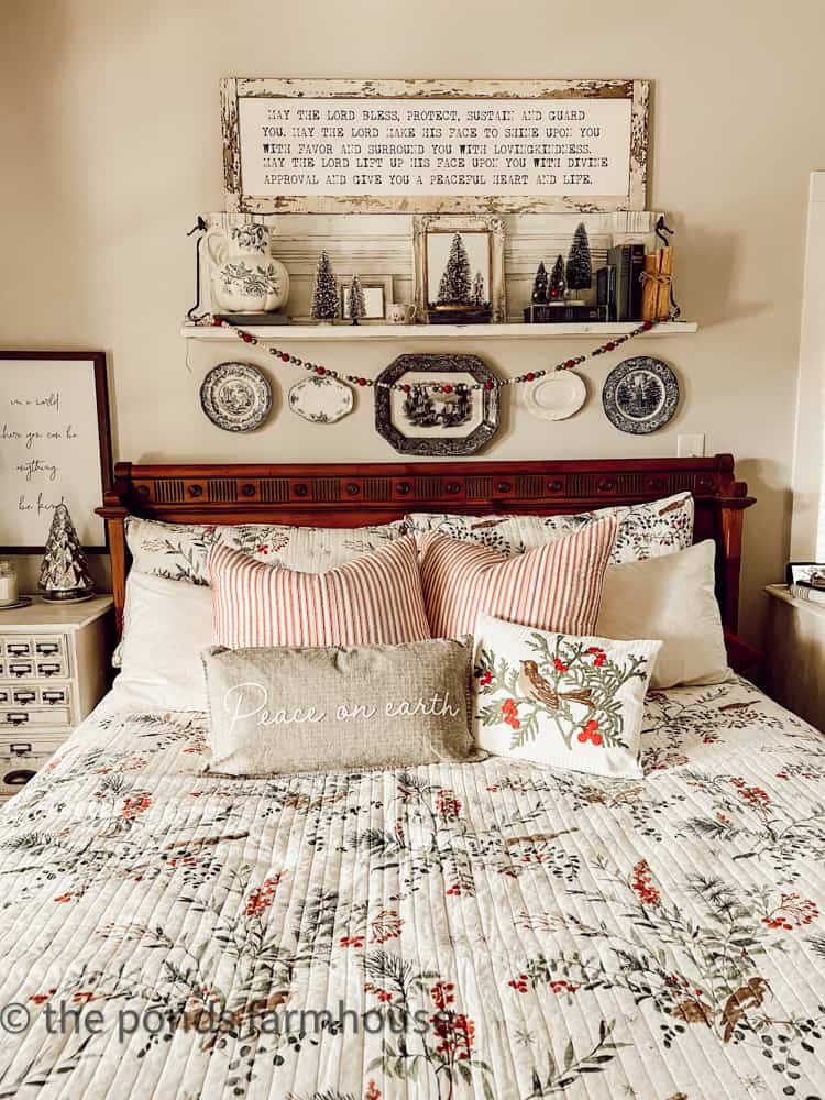 Creative Christmas decorating ideas for the bedroom with festive holiday inspired bedding for a farmhouse feel.