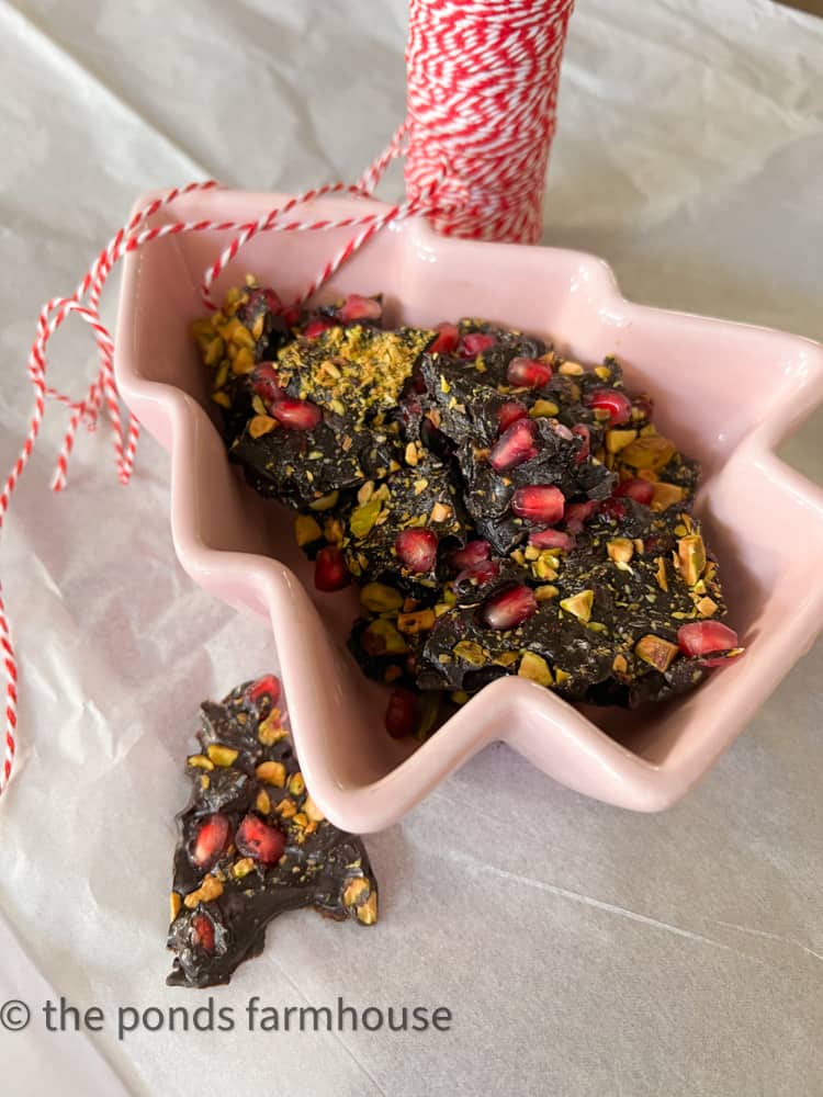 Pomegranate & Pistachio Nut Dark Chocolate Bark Recipe for Christmas Entertaining.