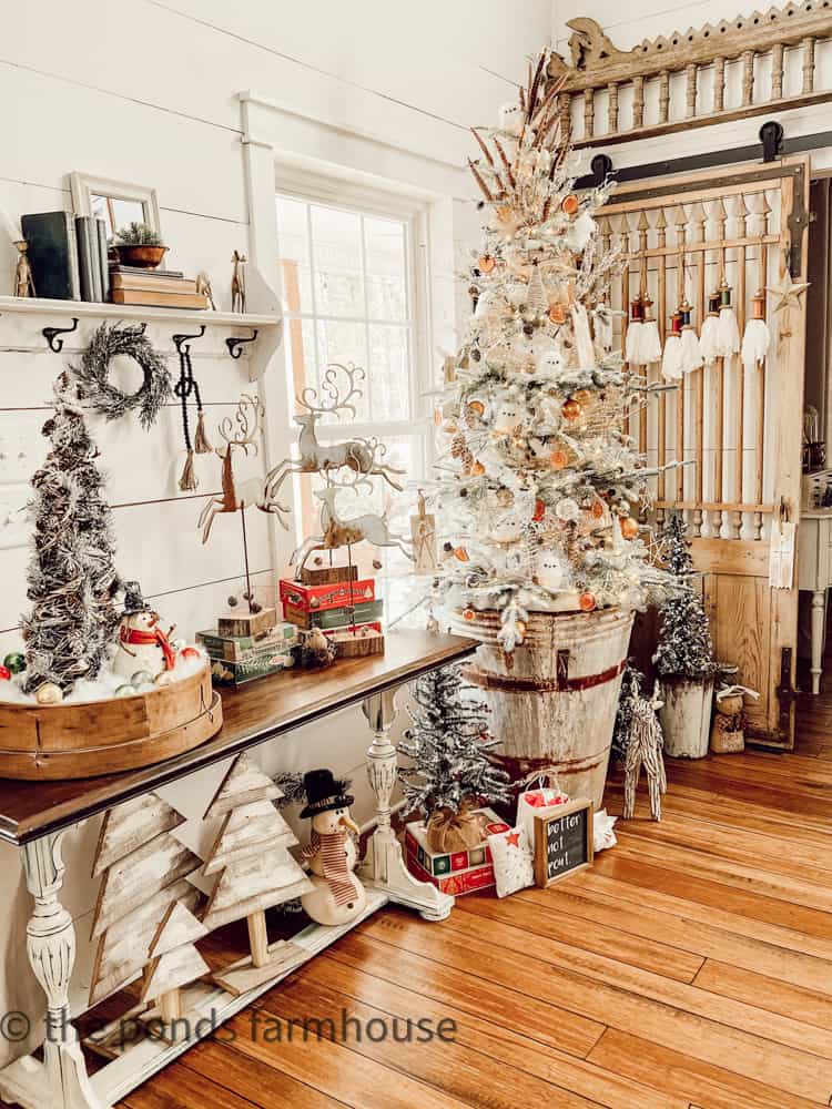 Entry Table and Woodland Themed Christmas Tree for Christmas FArmhouse Living Room Ideas