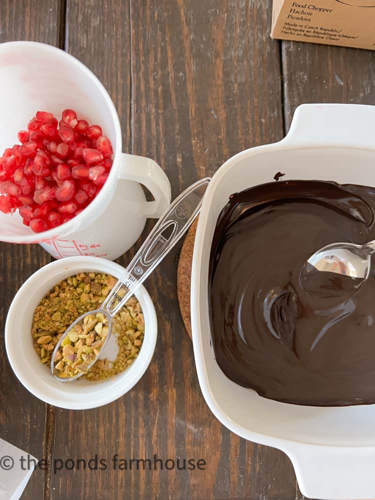 Pomegranate & Pistachio Nut Dark Chocolate Bark Recipe for Christmas Entertaining.