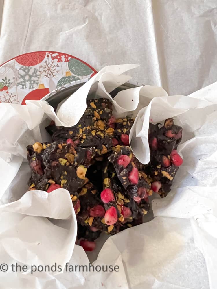 Dark Chocolate Bark makes a great Christmas Gift. in gift tin.