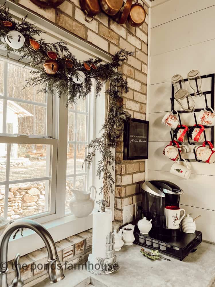 Farmhouse Kitchen Christmas Tour with drying rack and Christmas mugs