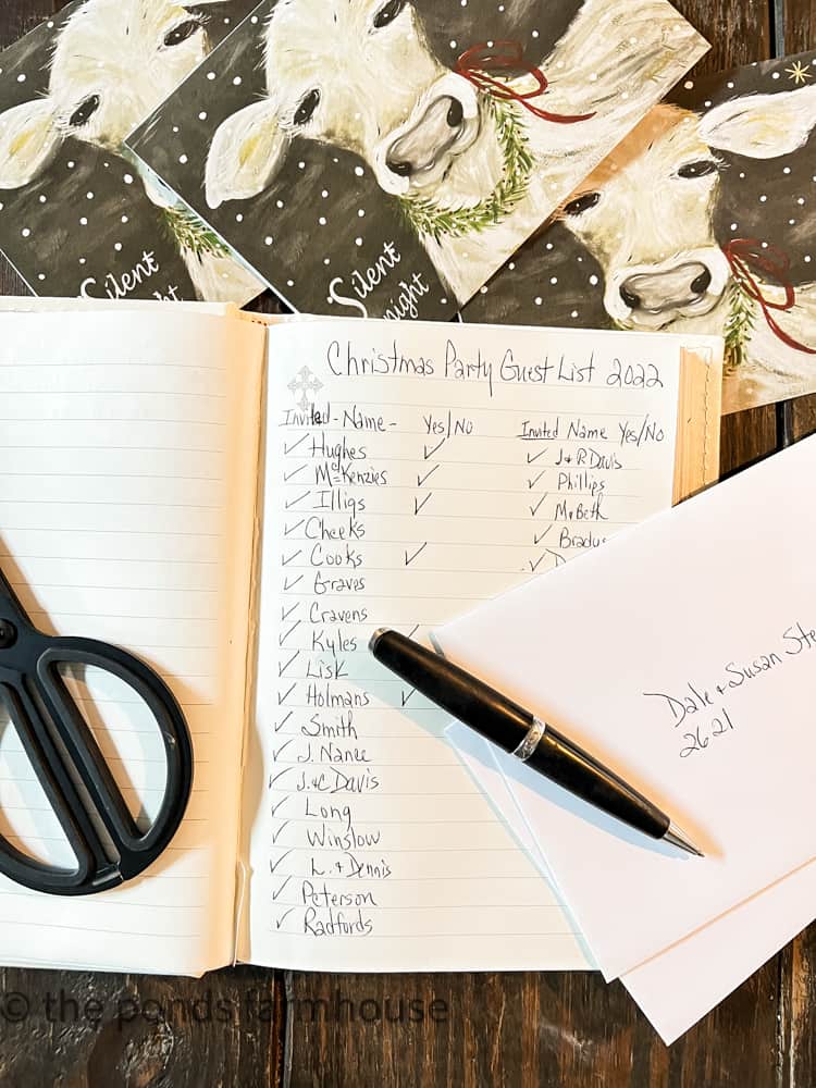 Notebook to keep record of Christmas party menu, recipes and guest list. Invitations mailed to guests.