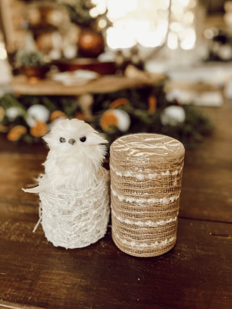 White Owl and ribbons to decorate a woodland theme tree for Farmhouse Christmas Tree.
