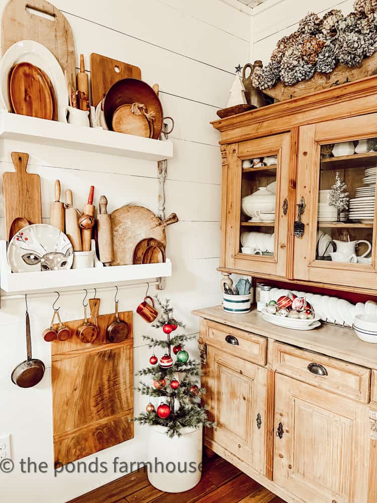 Woods and Whites fill the DIY Plate Rack and Antique Pine Hutch with touches of Christmas Decor.