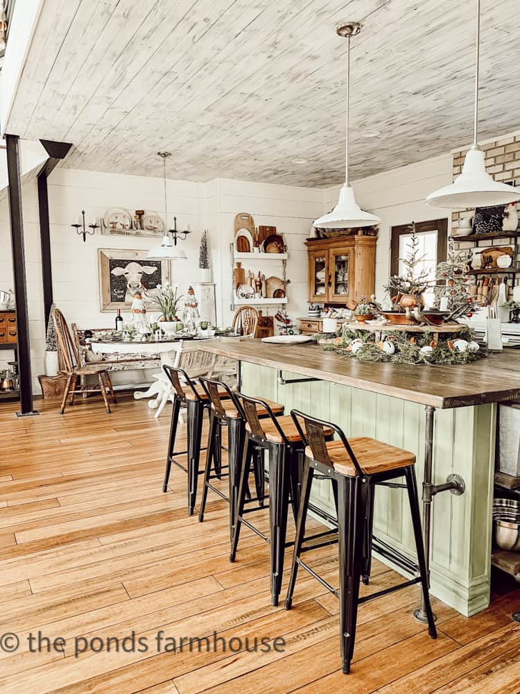 Industrial Farmhouse Kitchen with industrial pipe and beams.  