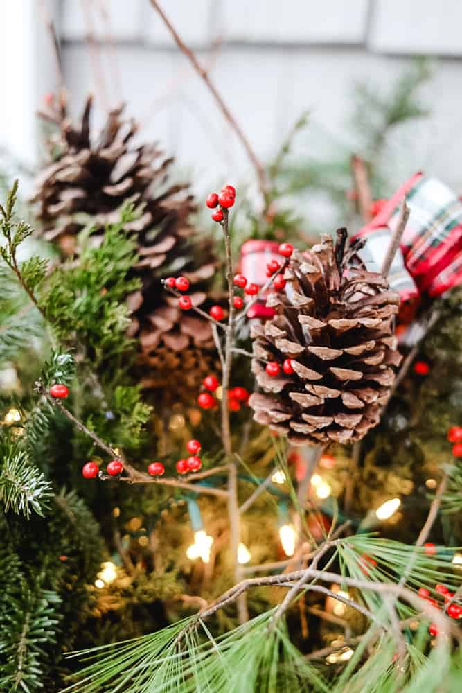 Add pinecones and fresh greenery to containers for Porch Christmas Decorating.