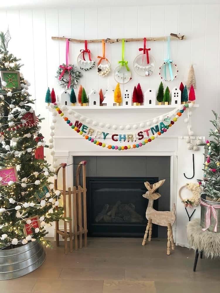 Farmhouse fireplace mantel. wooden Reindeer. 