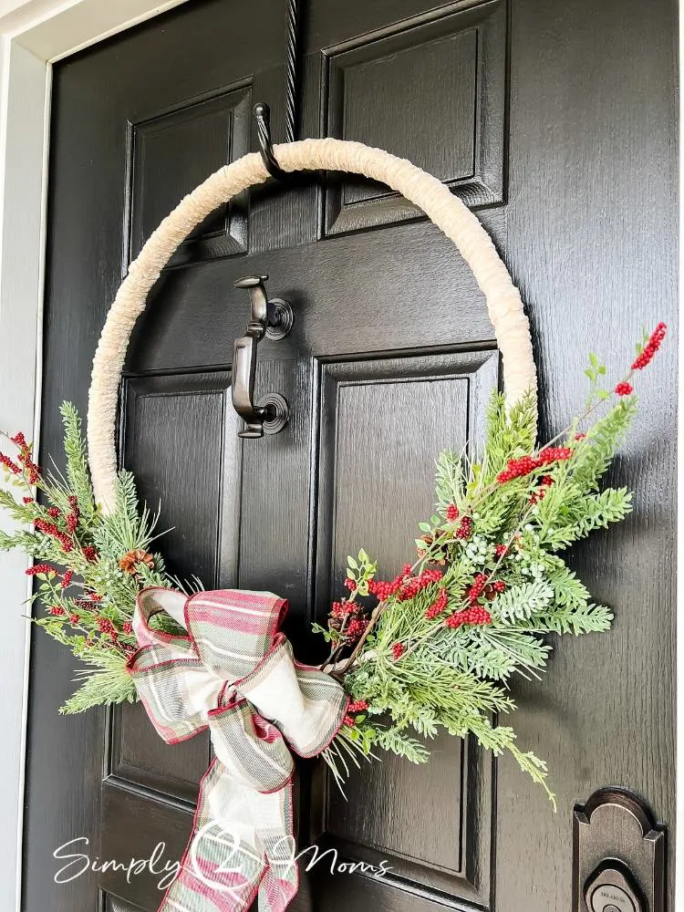 DIY Yarn Hoop Wreath for Christmas and front door decor.  Farmhouse Style Front Door Christmas Decor.