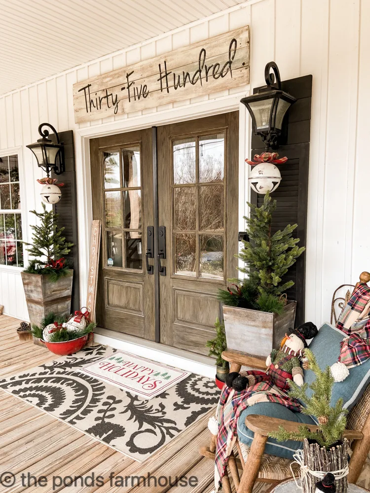 Christmas Farmhouse Porch Decor includes DIY Planters and DIY Shutters, & Address Sign. Front Door Christmas Decor.