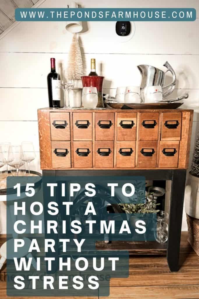 15 Tips for Planning a Christmas Party - Wine Bar Set Up with repurposed card catalog bar.