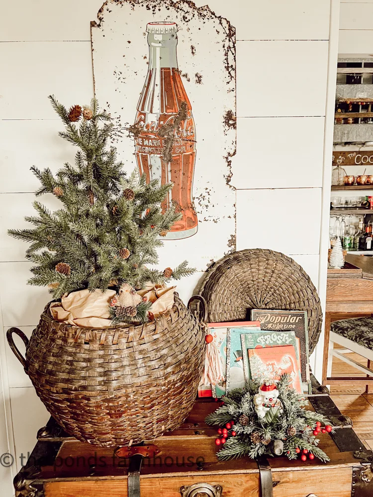 Vintage Loft Christmas Tour with thrifted basket and antique Christmas Children books and Antique Coke Sign