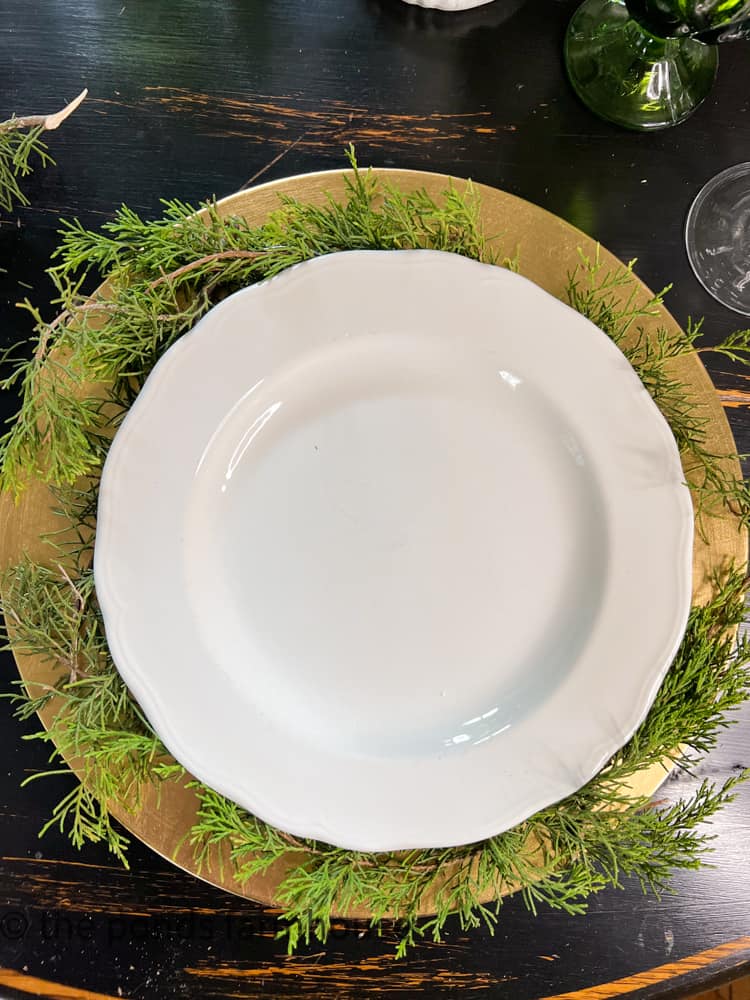 Vintage Ironstone Plate real cedar greenery wreath on gold plate chargers.