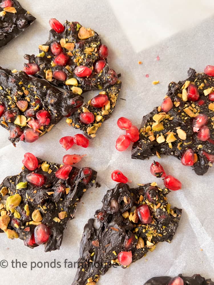 Pomegranate & Pistachio Nut Dark Chocolate Bark Recipe for Christmas Entertaining.