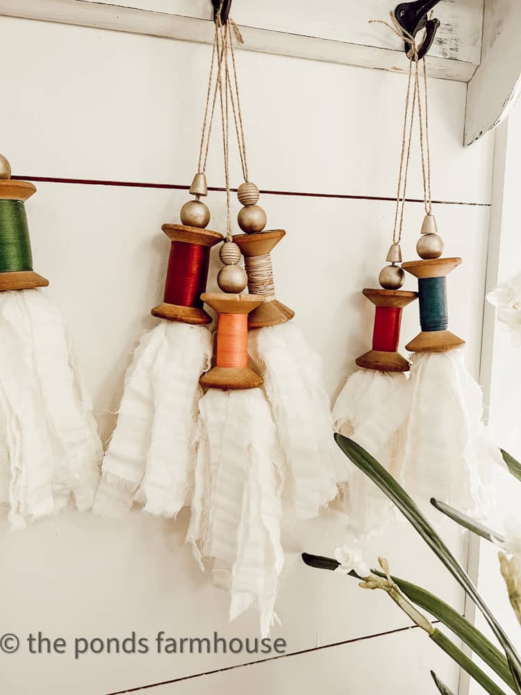 Repurposed yard sale find - Vintage Wooden Spools made into Christmas Tassels