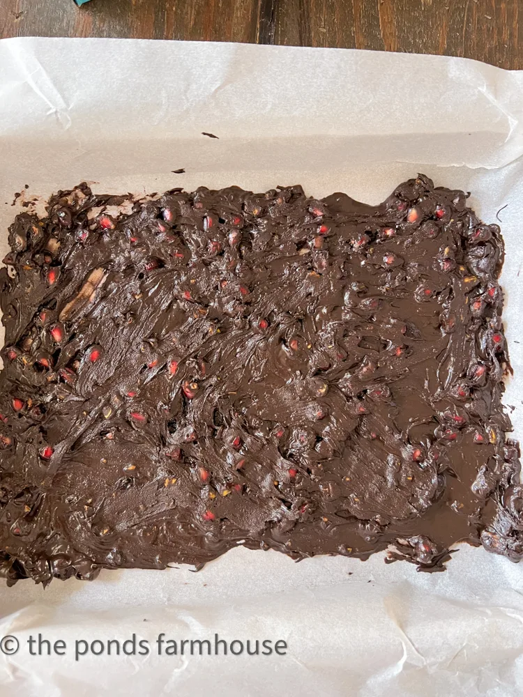 Dark Chocolate Bark pressed into baking sheet.