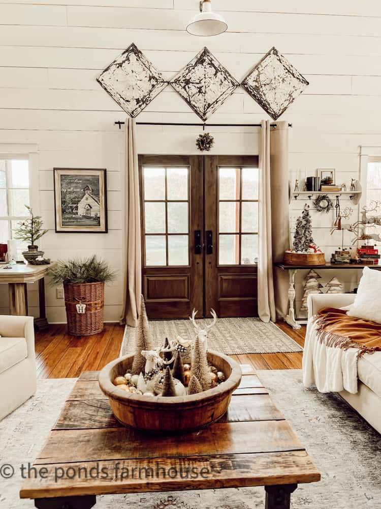 French Doors in Modern Farmhouse decorated for Christmas